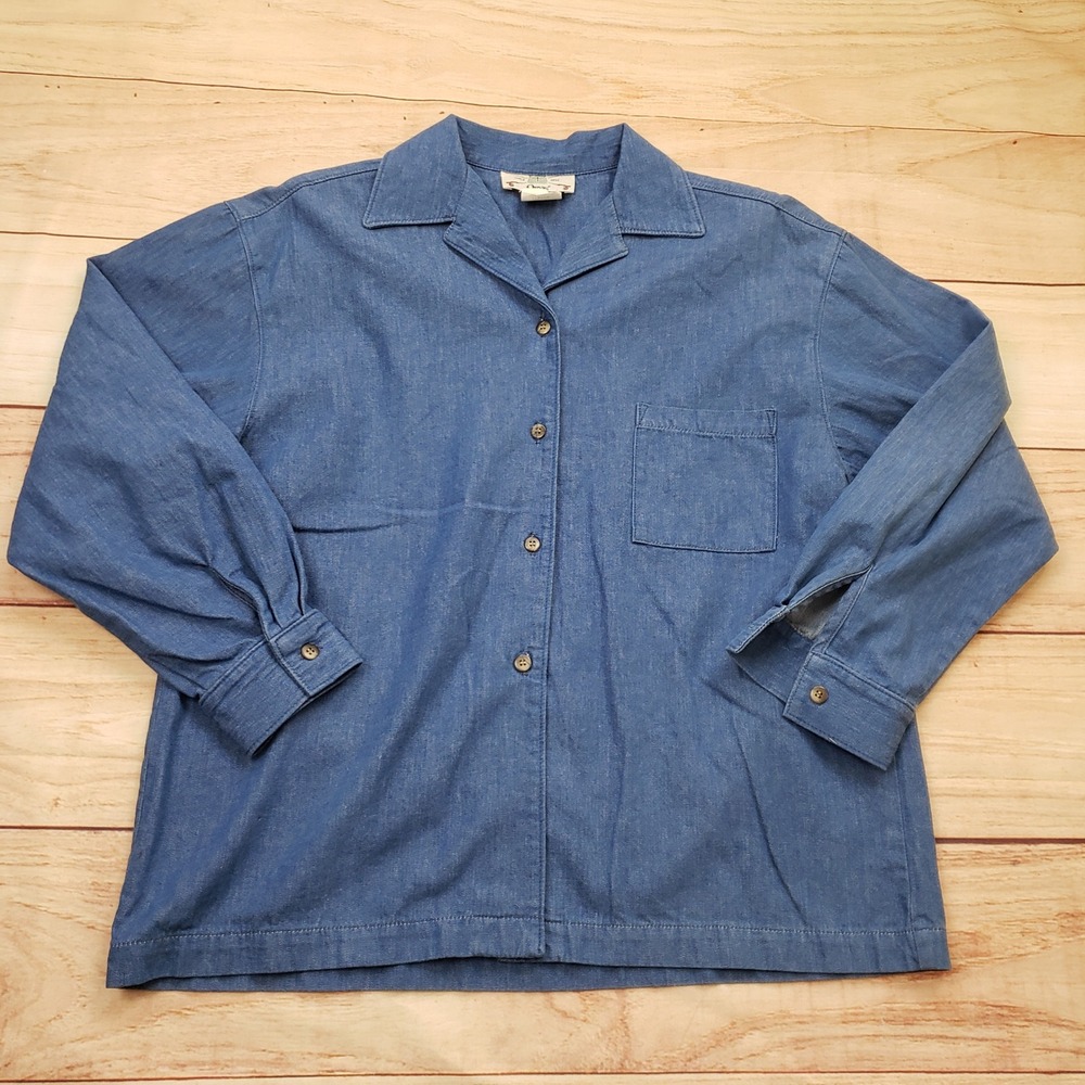 VINTAGE Orvis Button Shirt Coat Women M Blue Denim Button‎ Padded Shoulder 70s